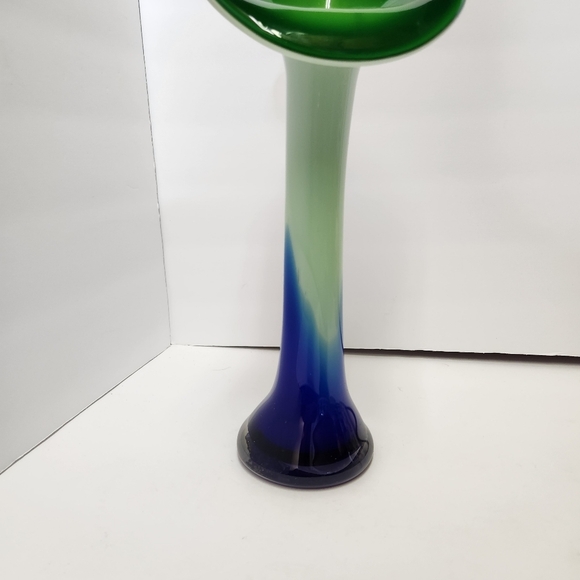 Hand Blown Cased Glass Jack In The Pulpit Vase Cobalt Blue Green White Vintage - Picture 3 of 11